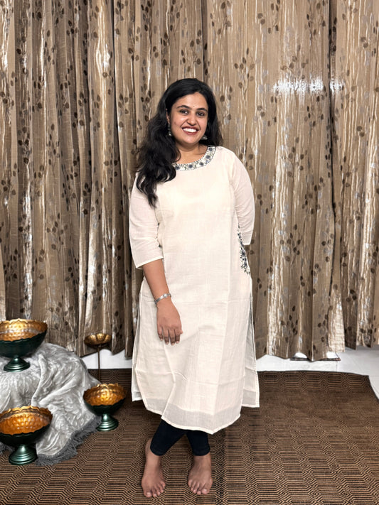 Off White Khadi Cotton Embroidery Kurta