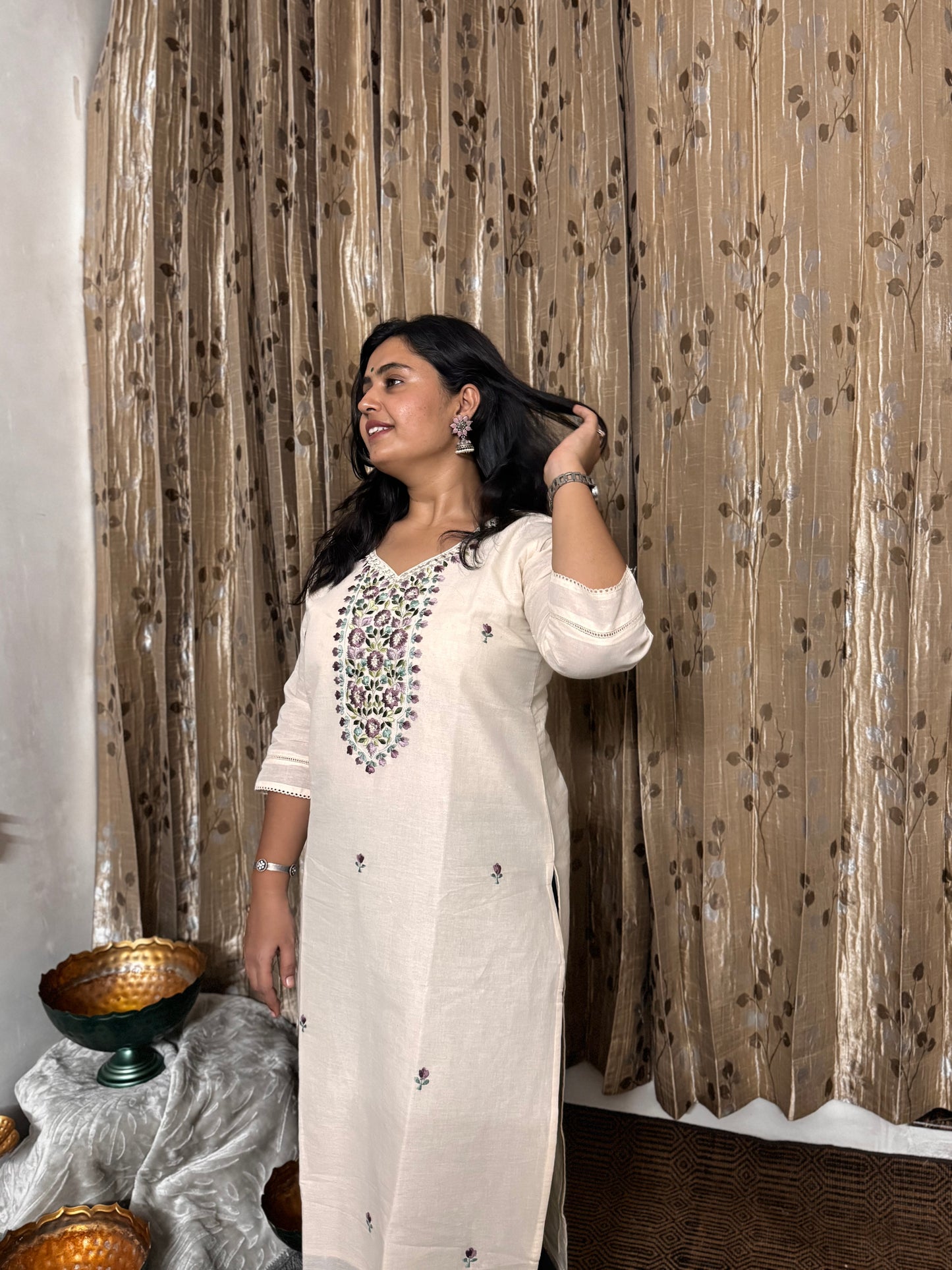 Off White Khadi Cotton Embroidery Kurta