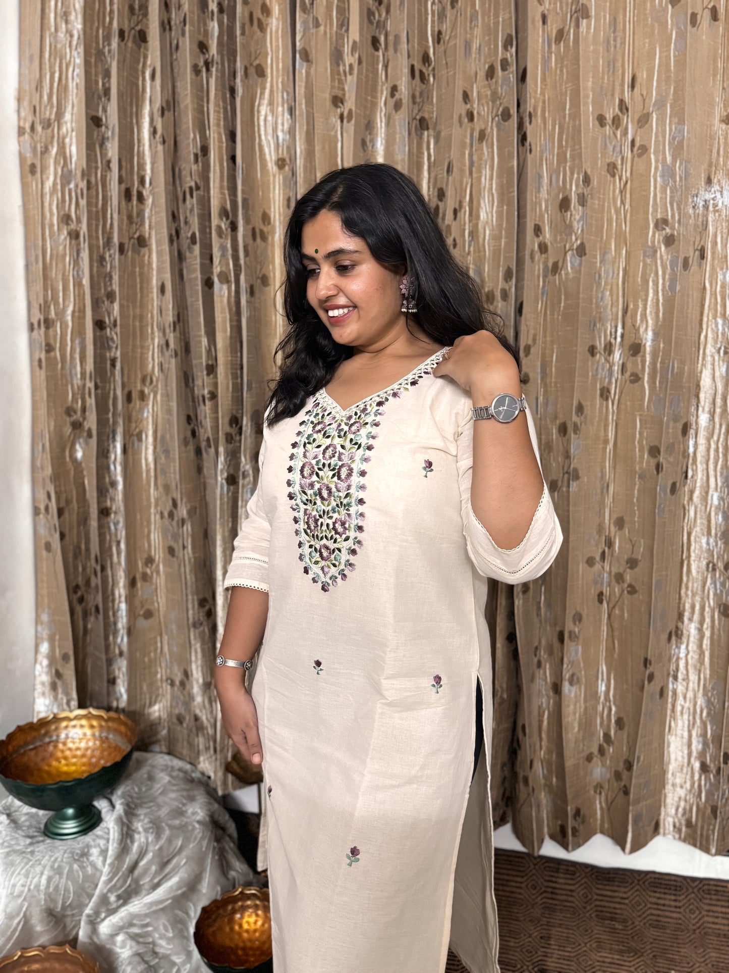 Off White Khadi Cotton Embroidery Kurta