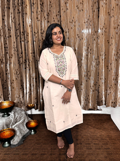 Off White Khadi Cotton Embroidery Kurta