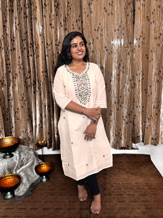 Off White Khadi Cotton Embroidery Kurta