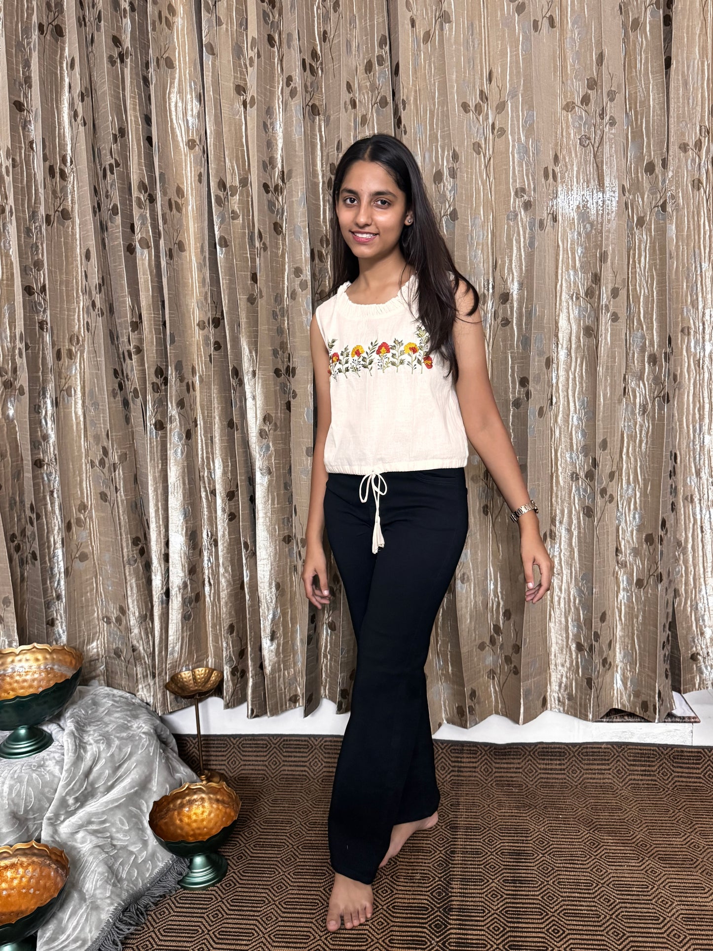 Khadi Cotton Short Sleeveless Top with Embroidery Work
