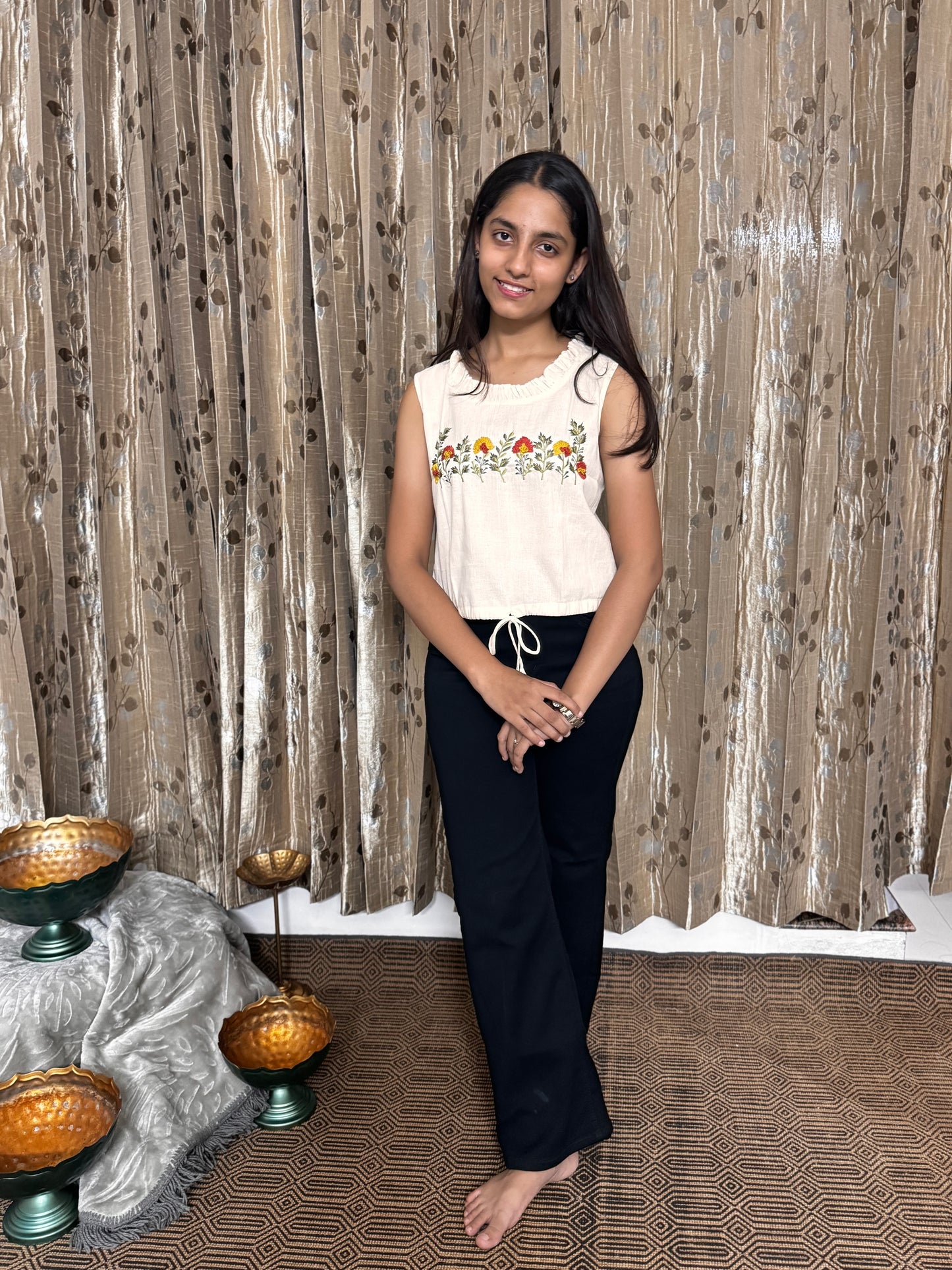 Khadi Cotton Short Sleeveless Top with Embroidery Work