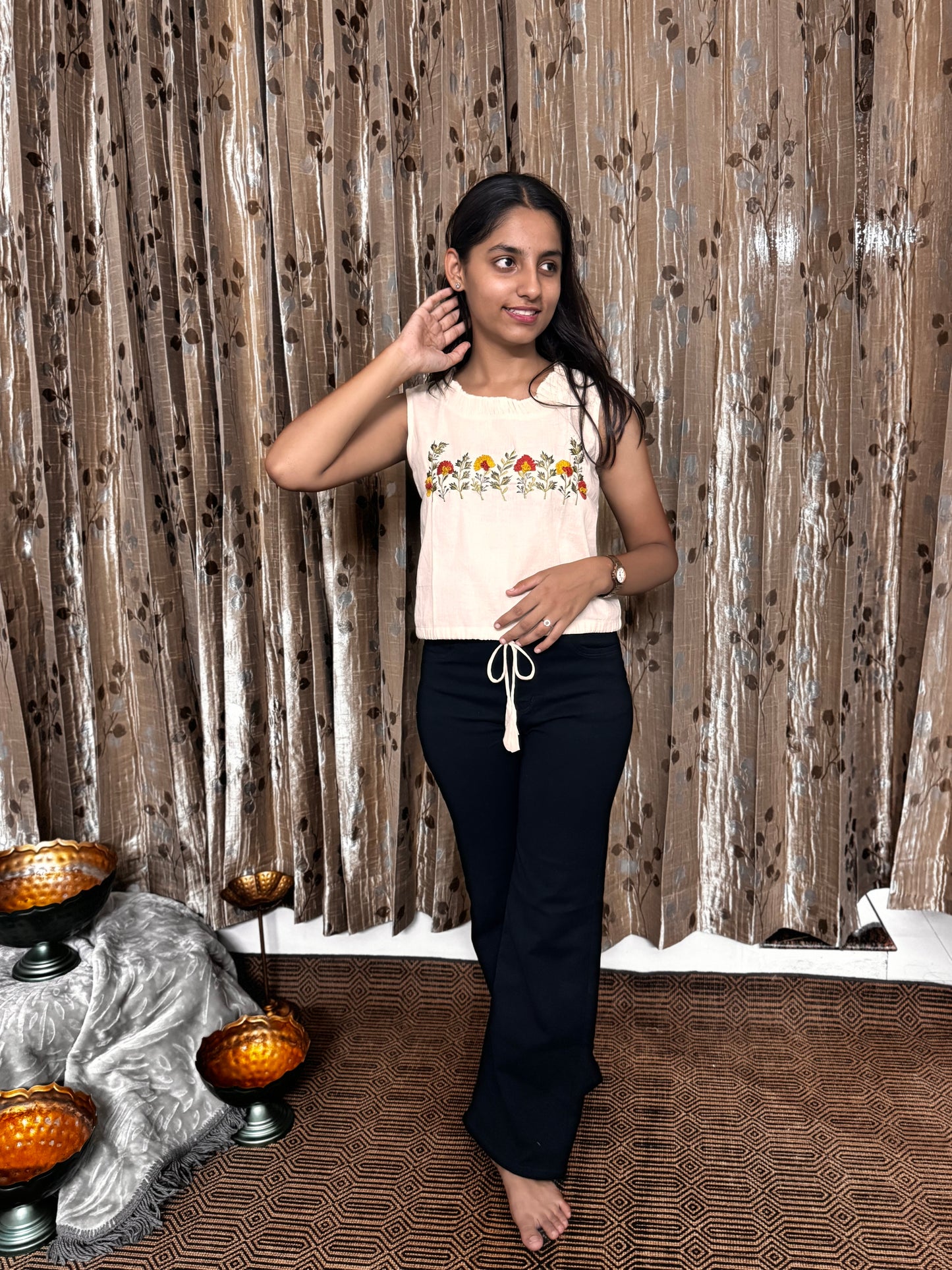 Khadi Cotton Short Sleeveless Top with Embroidery Work