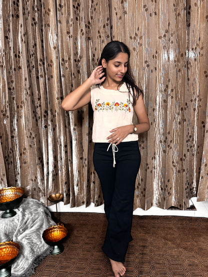 Khadi Cotton Short Sleeveless Top with Embroidery Work