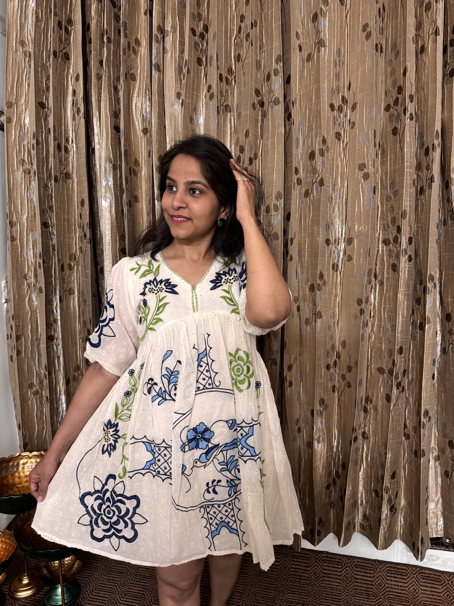 Off White Khadi Cotton Embroidery Short Frock