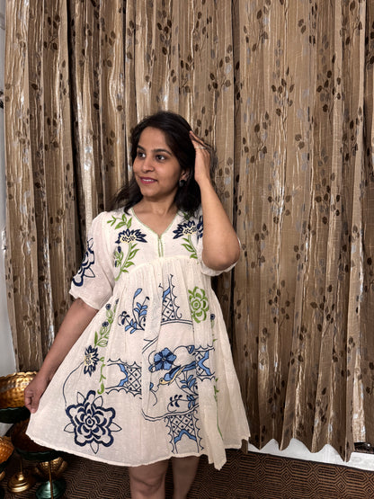 Off White Khadi Cotton Embroidery Short Frock