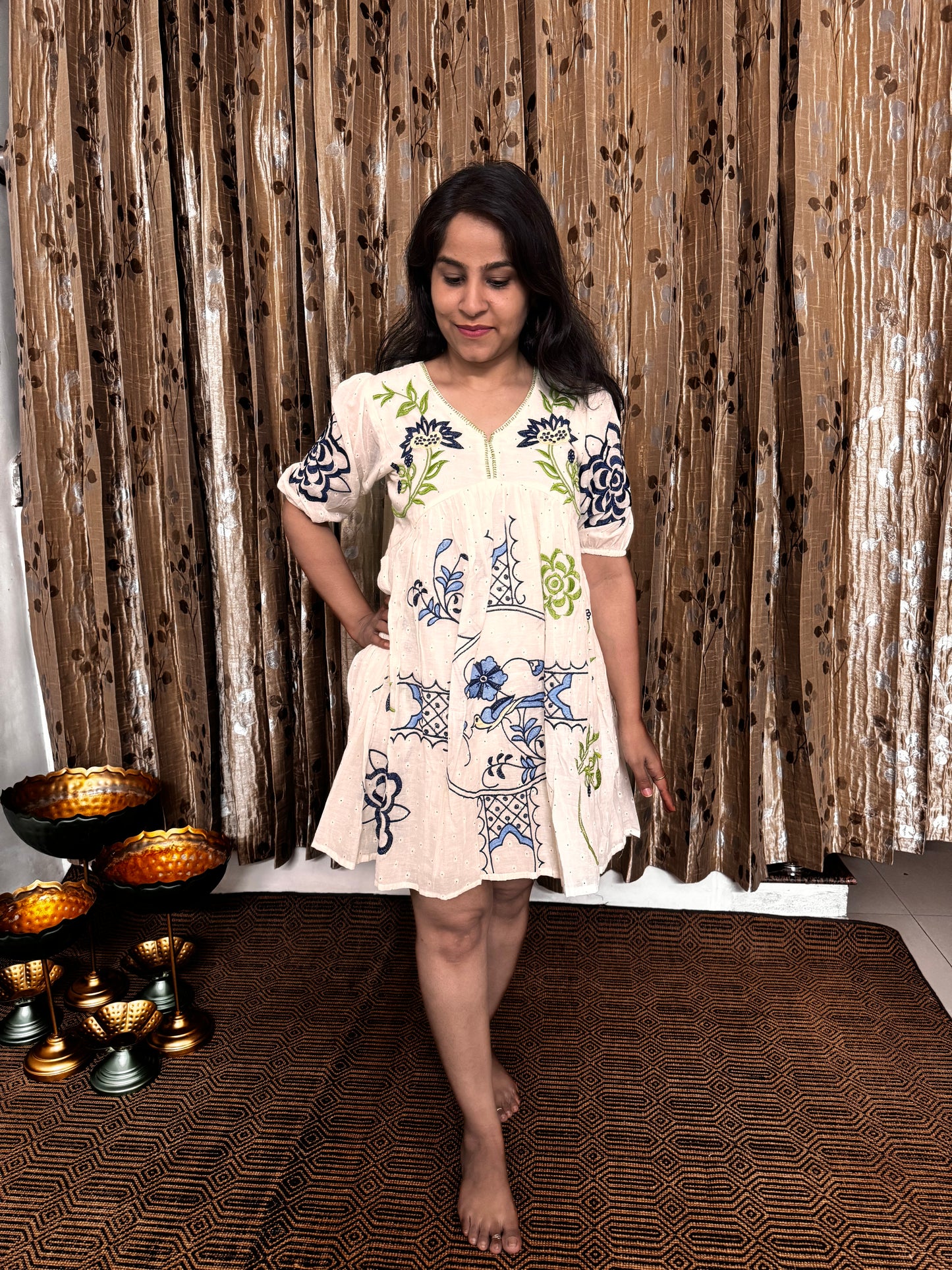 Off White Khadi Cotton Embroidery Short Frock