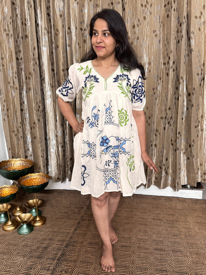 Off White Khadi Cotton Embroidery Short Frock