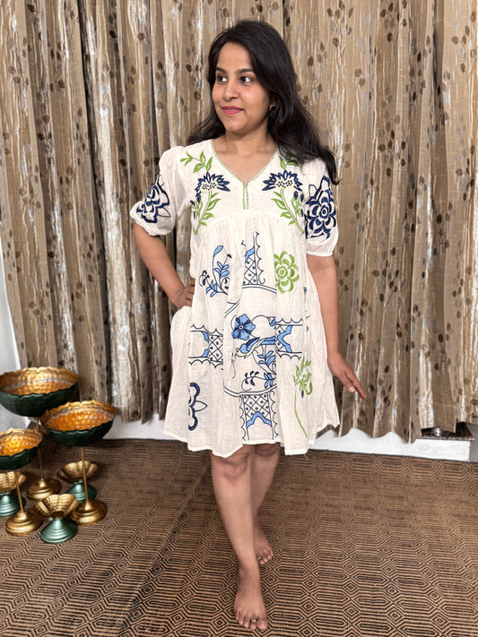 Off White Khadi Cotton Embroidery Short Frock