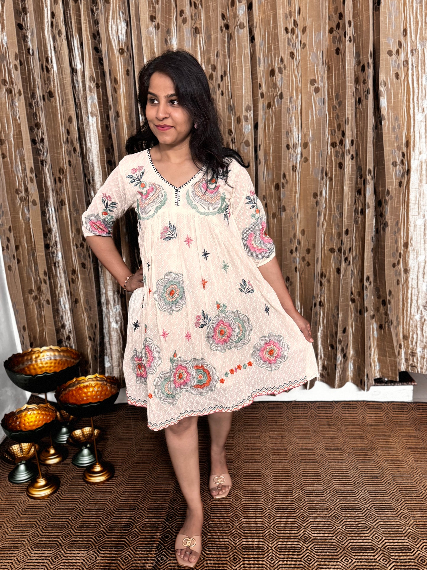 Off White Khadi Cotton Embroidery Short Frock