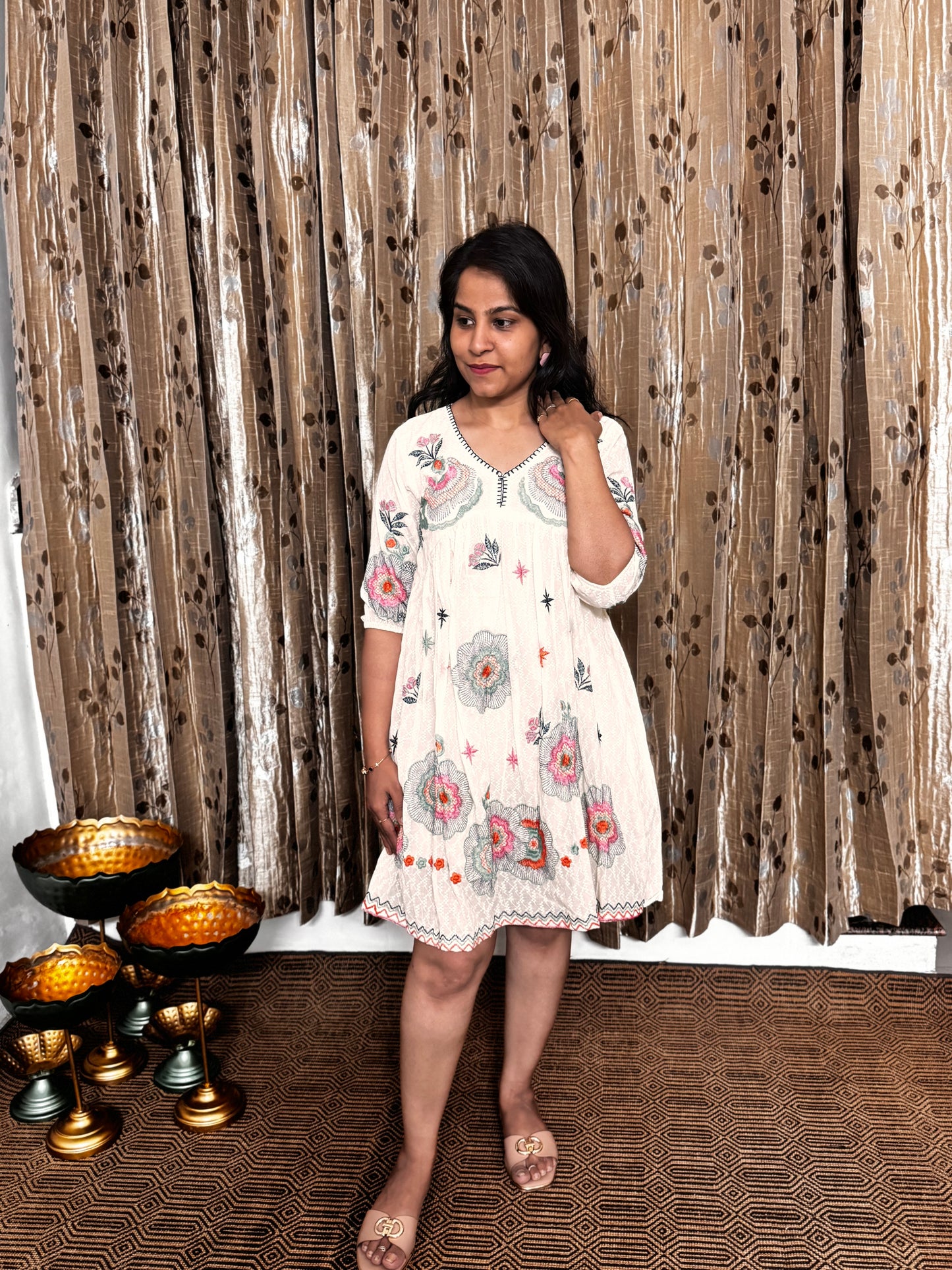 Off White Khadi Cotton Embroidery Short Frock