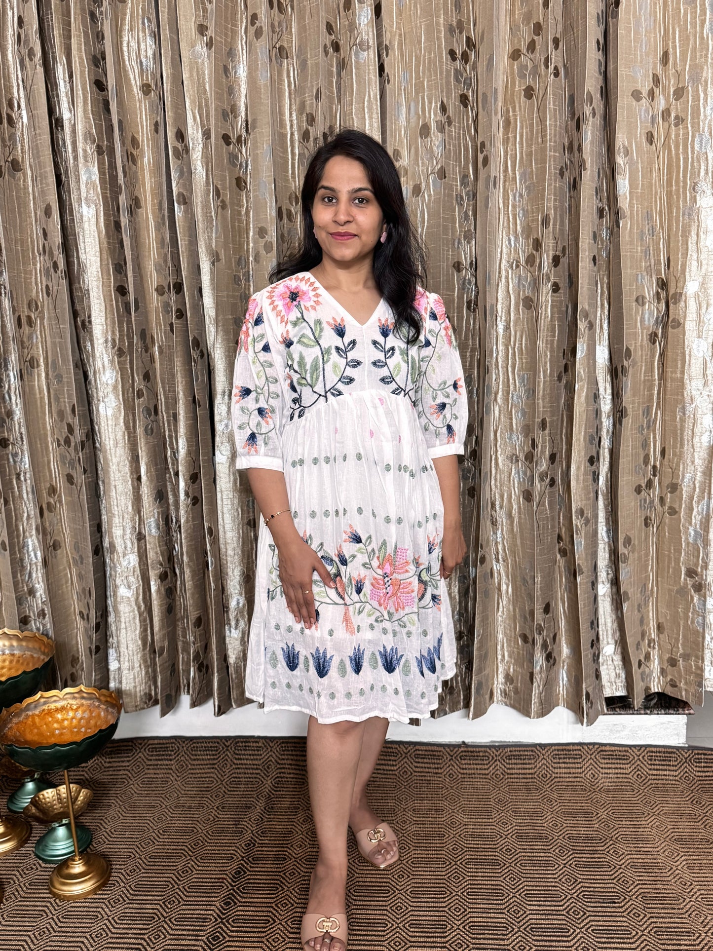 Off White Khadi Cotton Embroidery Frock