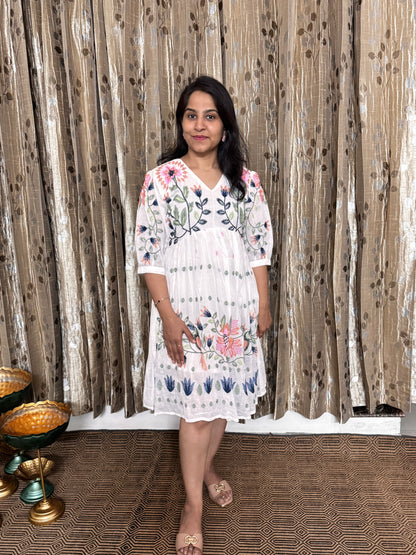 Off White Khadi Cotton Embroidery Frock