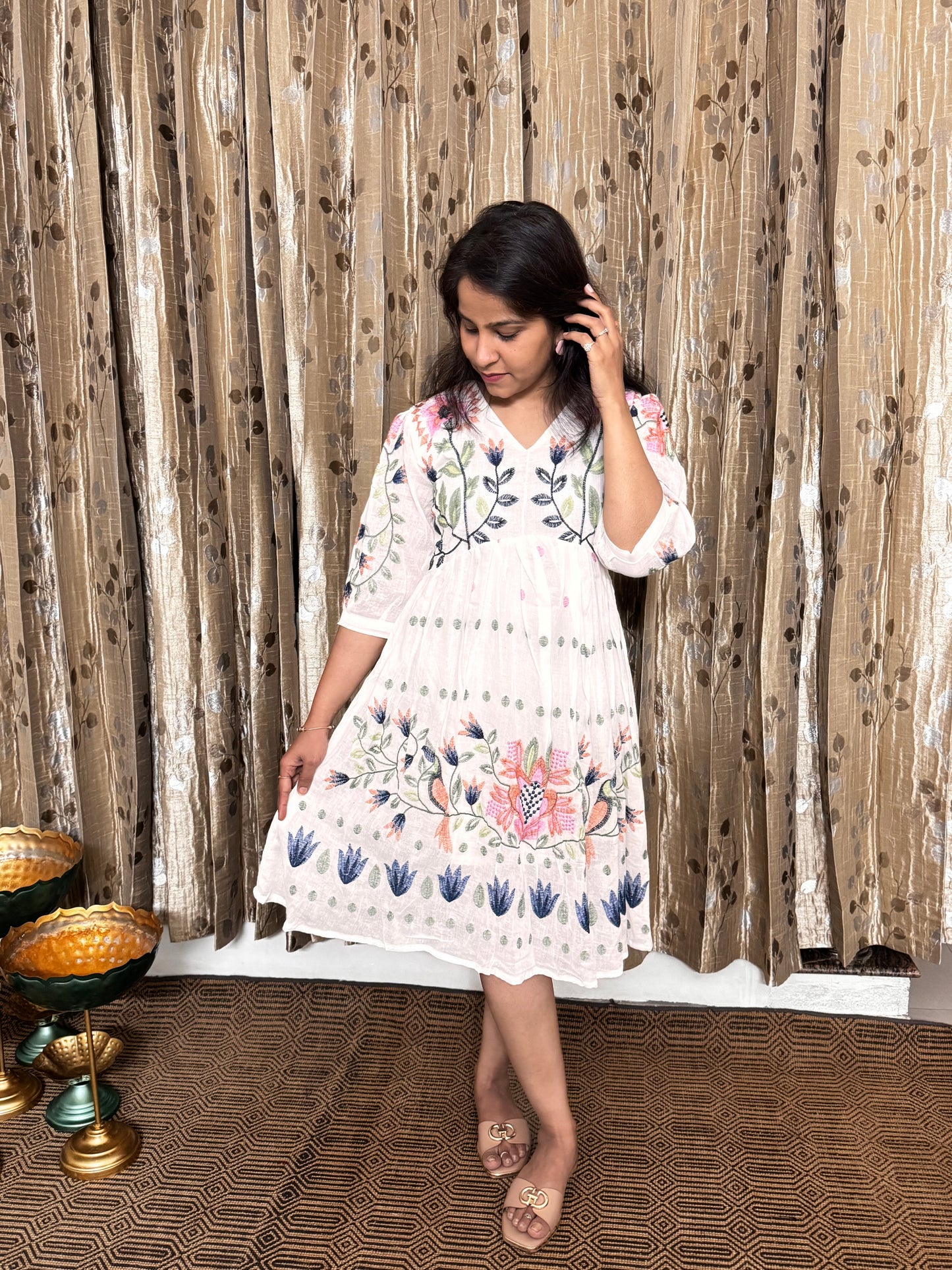 Off White Khadi Cotton Embroidery Frock