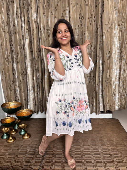 Off White Khadi Cotton Embroidery Frock