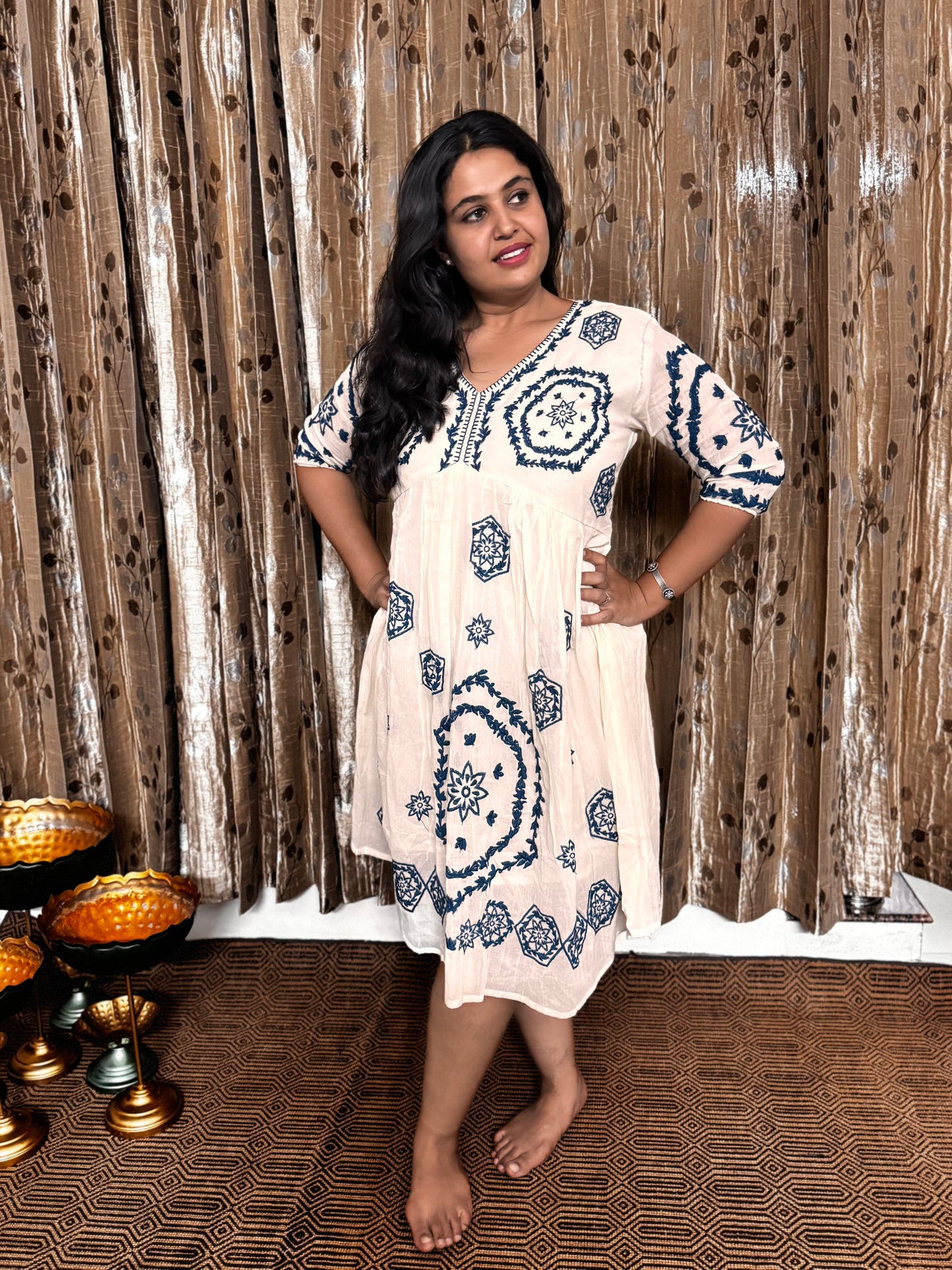 Off White Khadi Cotton Embroidery Frock