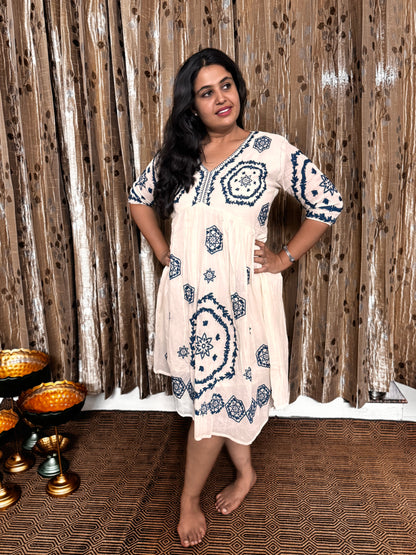 Off White Khadi Cotton Embroidery Frock
