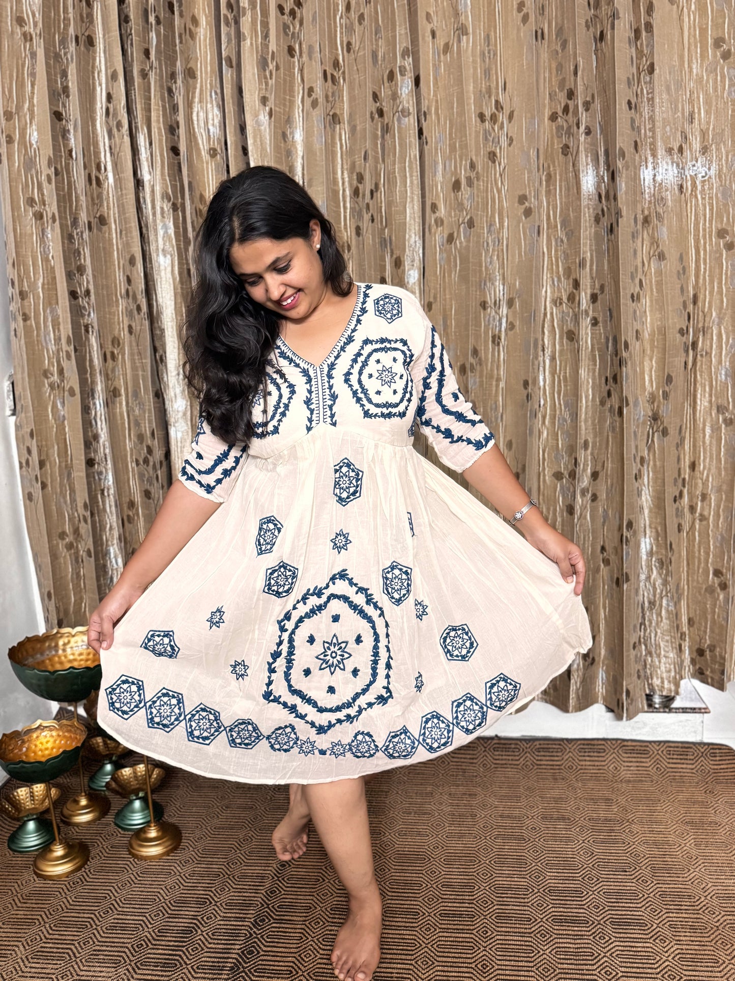 Off White Khadi Cotton Embroidery Frock