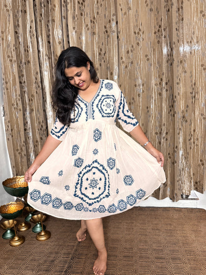 Off White Khadi Cotton Embroidery Frock