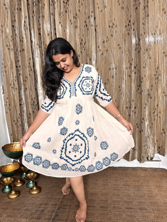 Off White Khadi Cotton Embroidery Frock