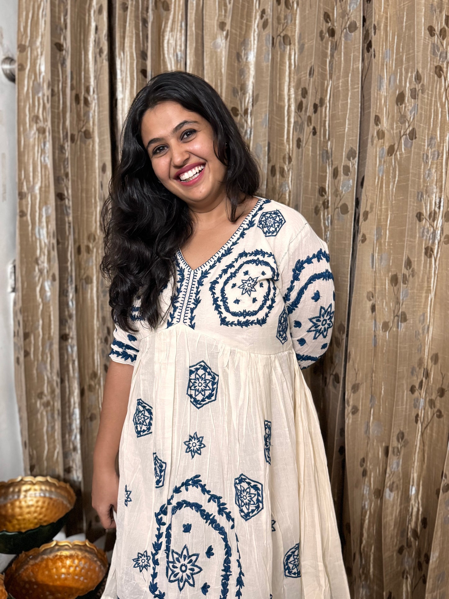 Off White Khadi Cotton Embroidery Frock