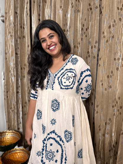 Off White Khadi Cotton Embroidery Frock