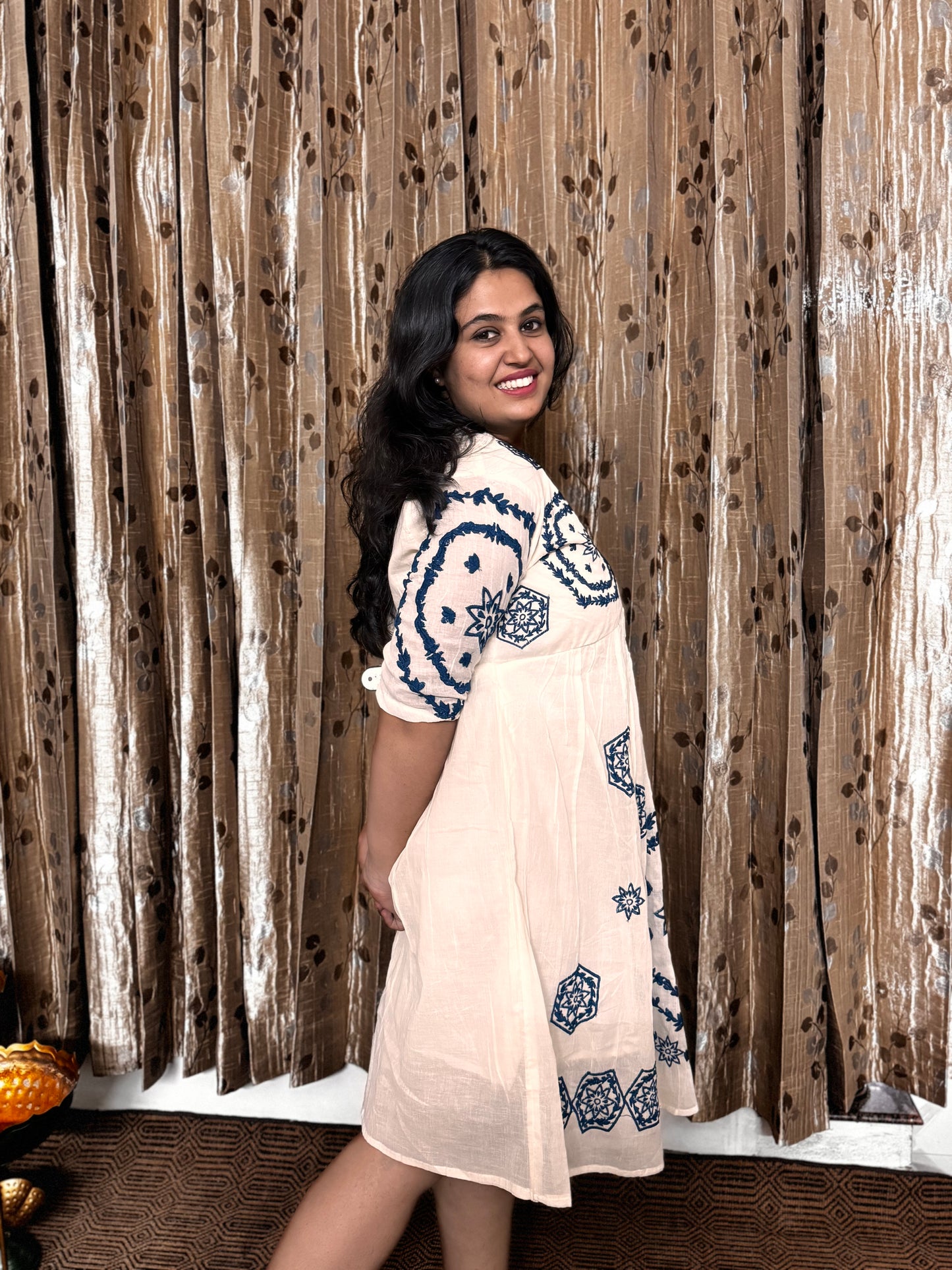 Off White Khadi Cotton Embroidery Frock