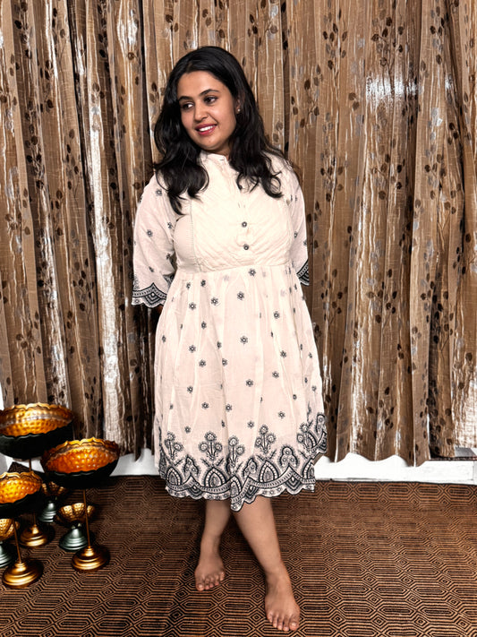 Off White Khadi Cotton Embroidery Frock