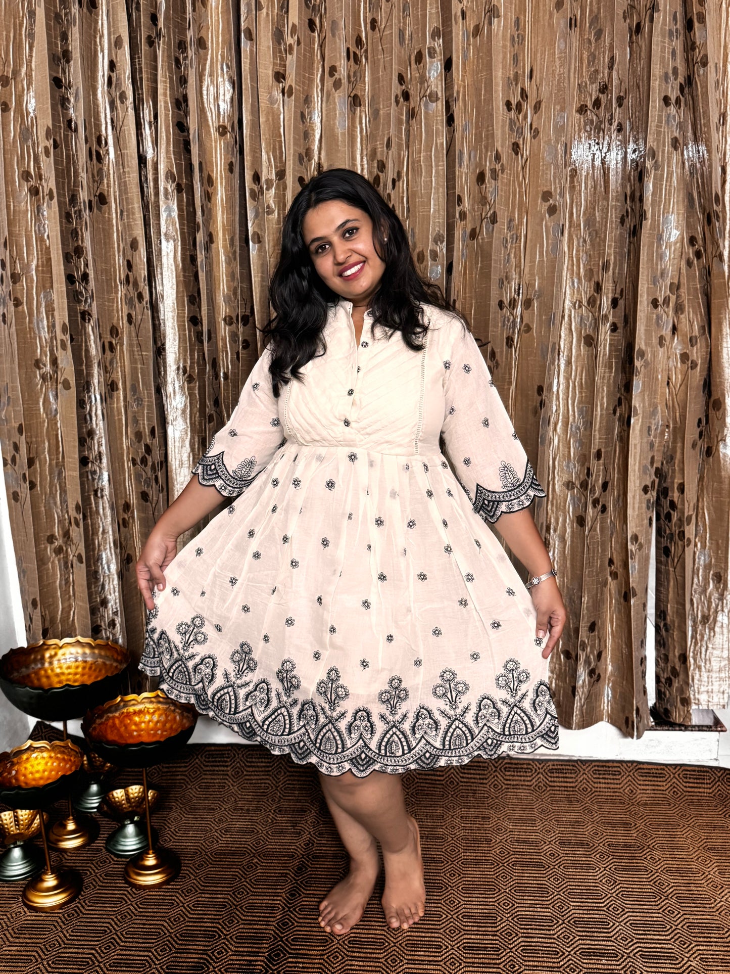 Off White Khadi Cotton Embroidery Frock