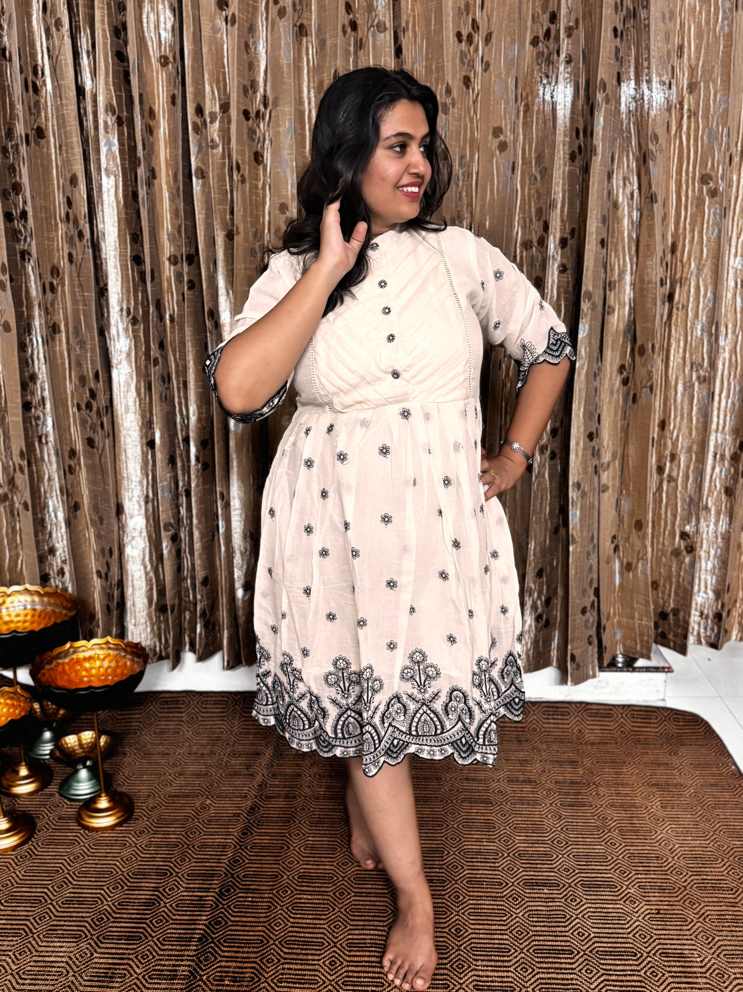 Off White Khadi Cotton Embroidery Frock