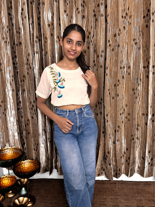 Khadi Cotton Crop Top with Embroidery Work