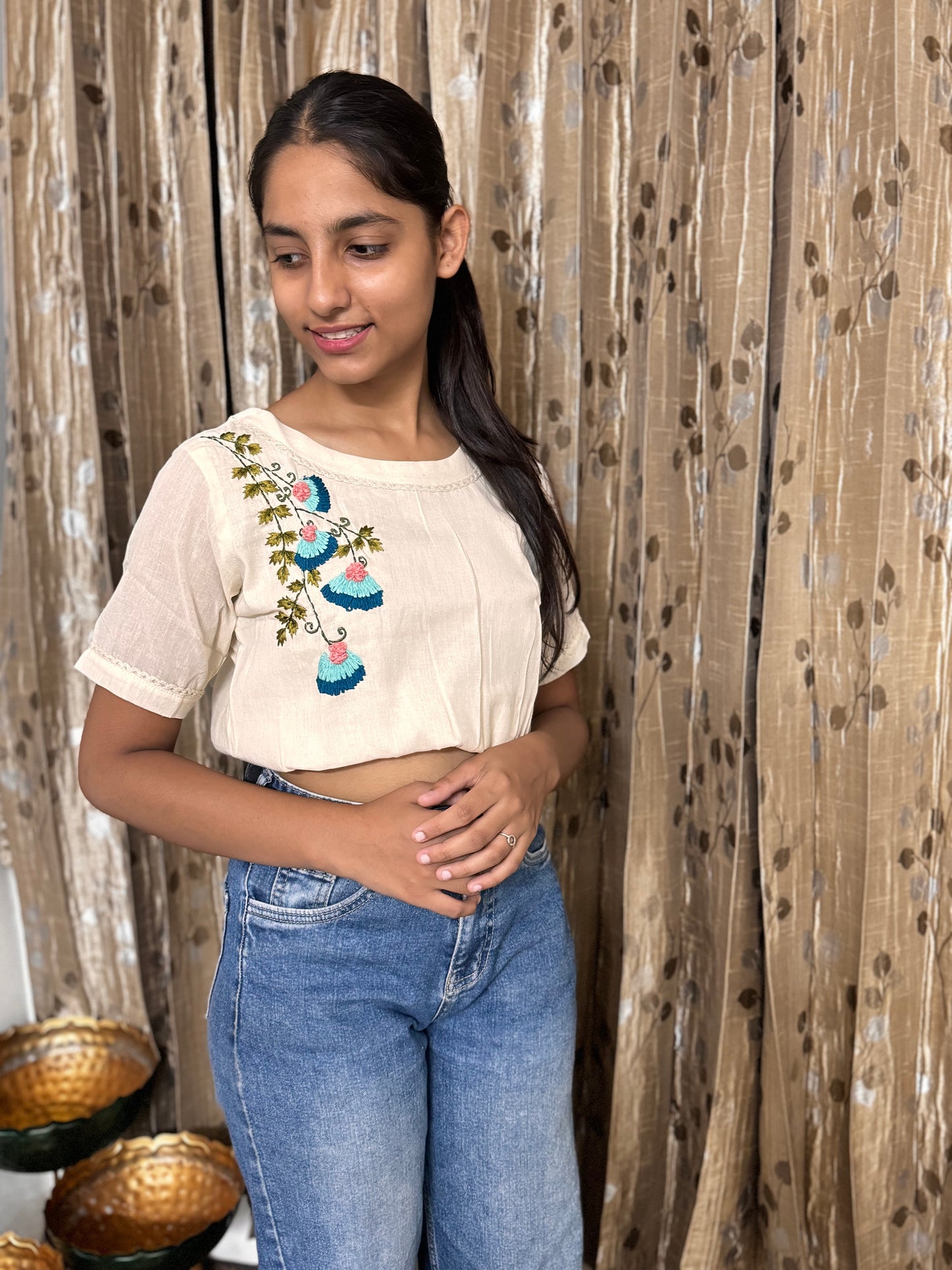 Khadi Cotton Crop Top with Embroidery Work