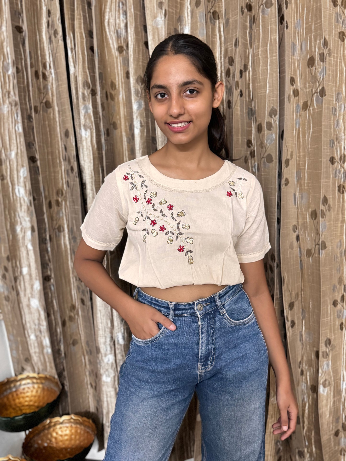 Khadi Cotton Crop Top with Embroidery Work