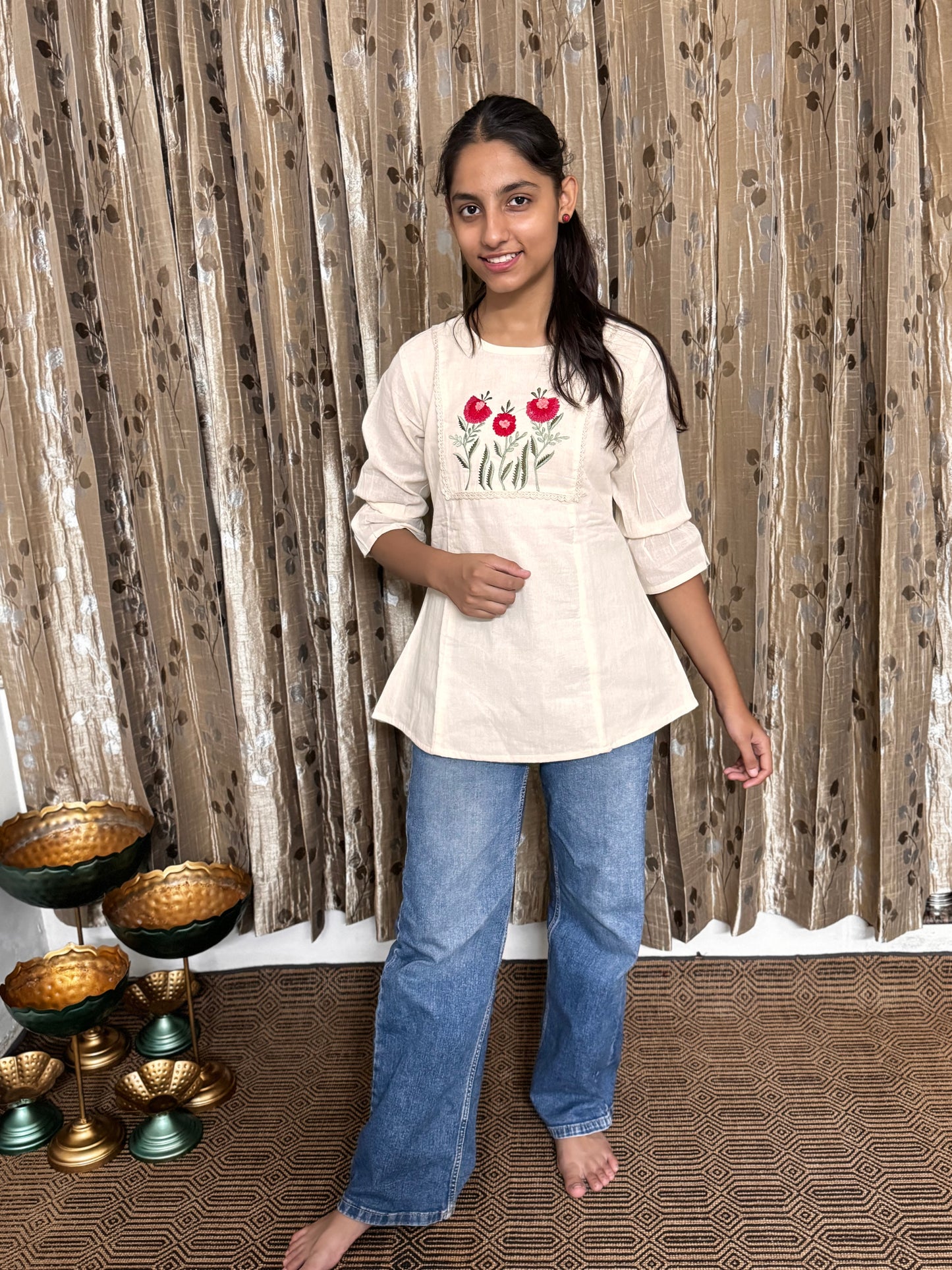 Khadi Cotton Round Neck Top with Embroidery Work