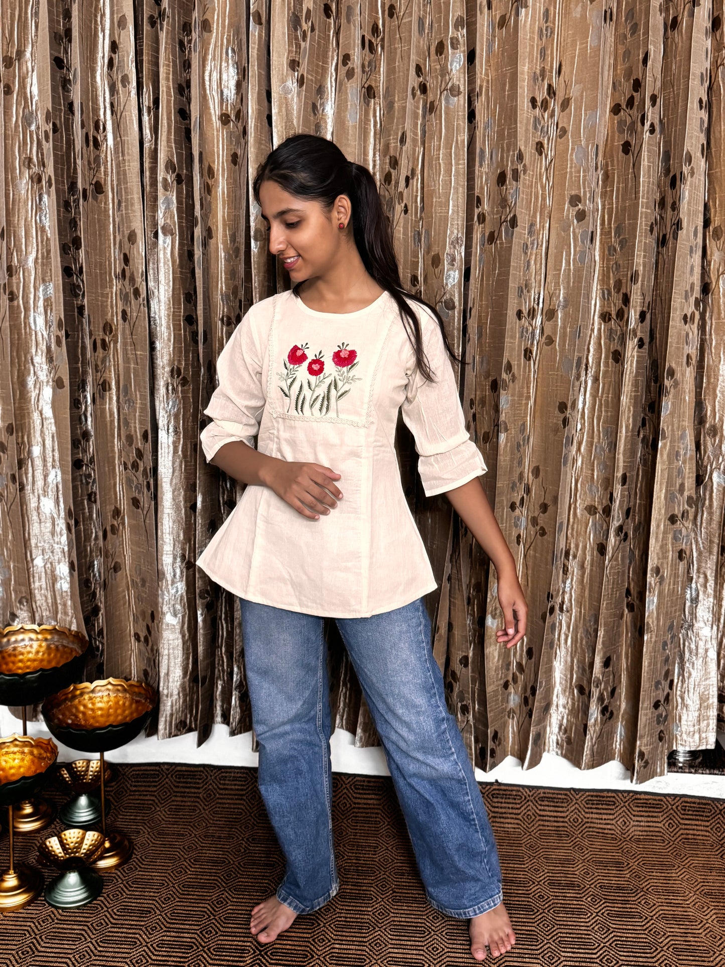 Khadi Cotton Round Neck Top with Embroidery Work