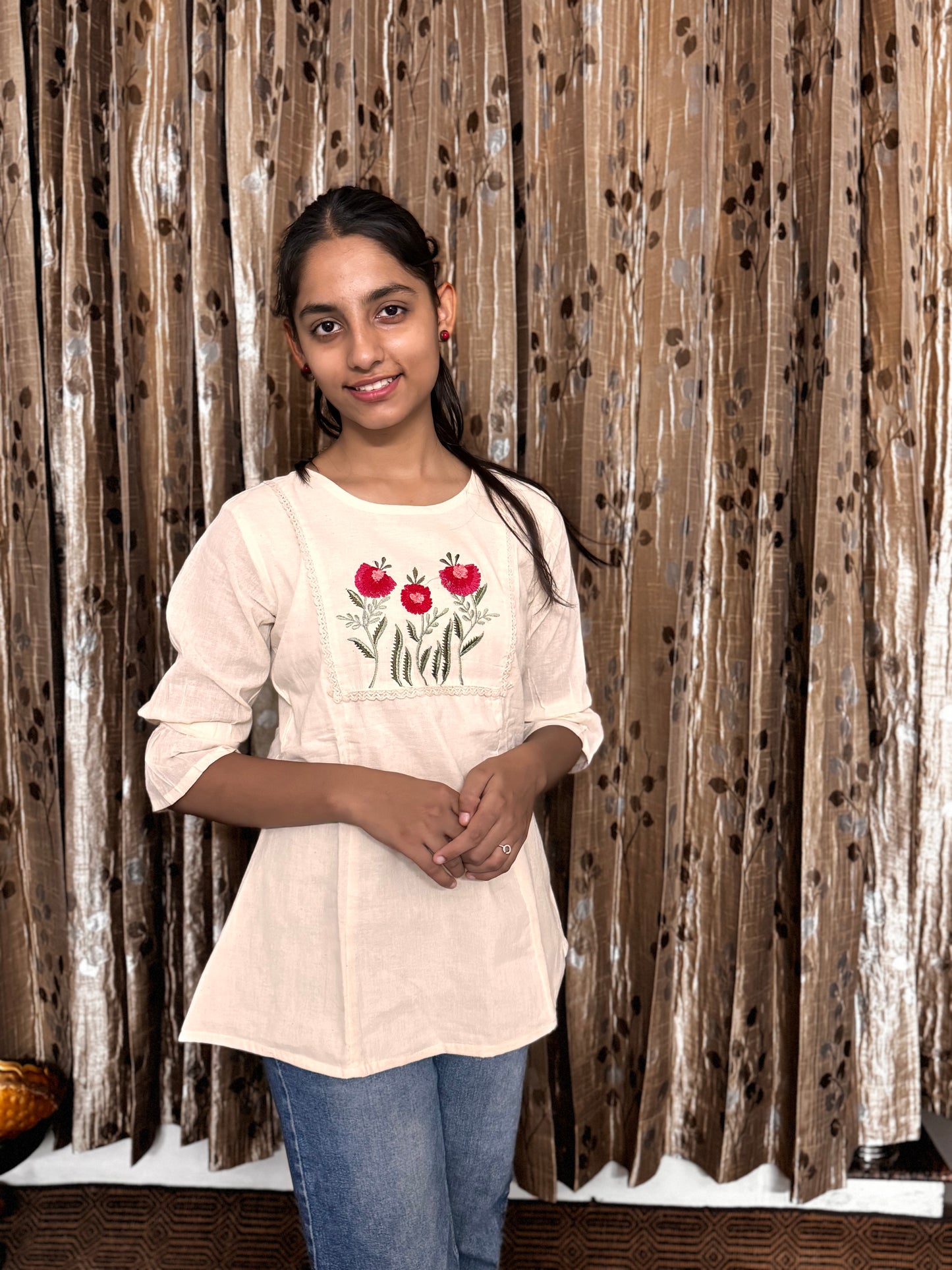 Khadi Cotton Round Neck Top with Embroidery Work