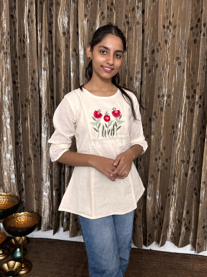 Khadi Cotton Round Neck Top with Embroidery Work