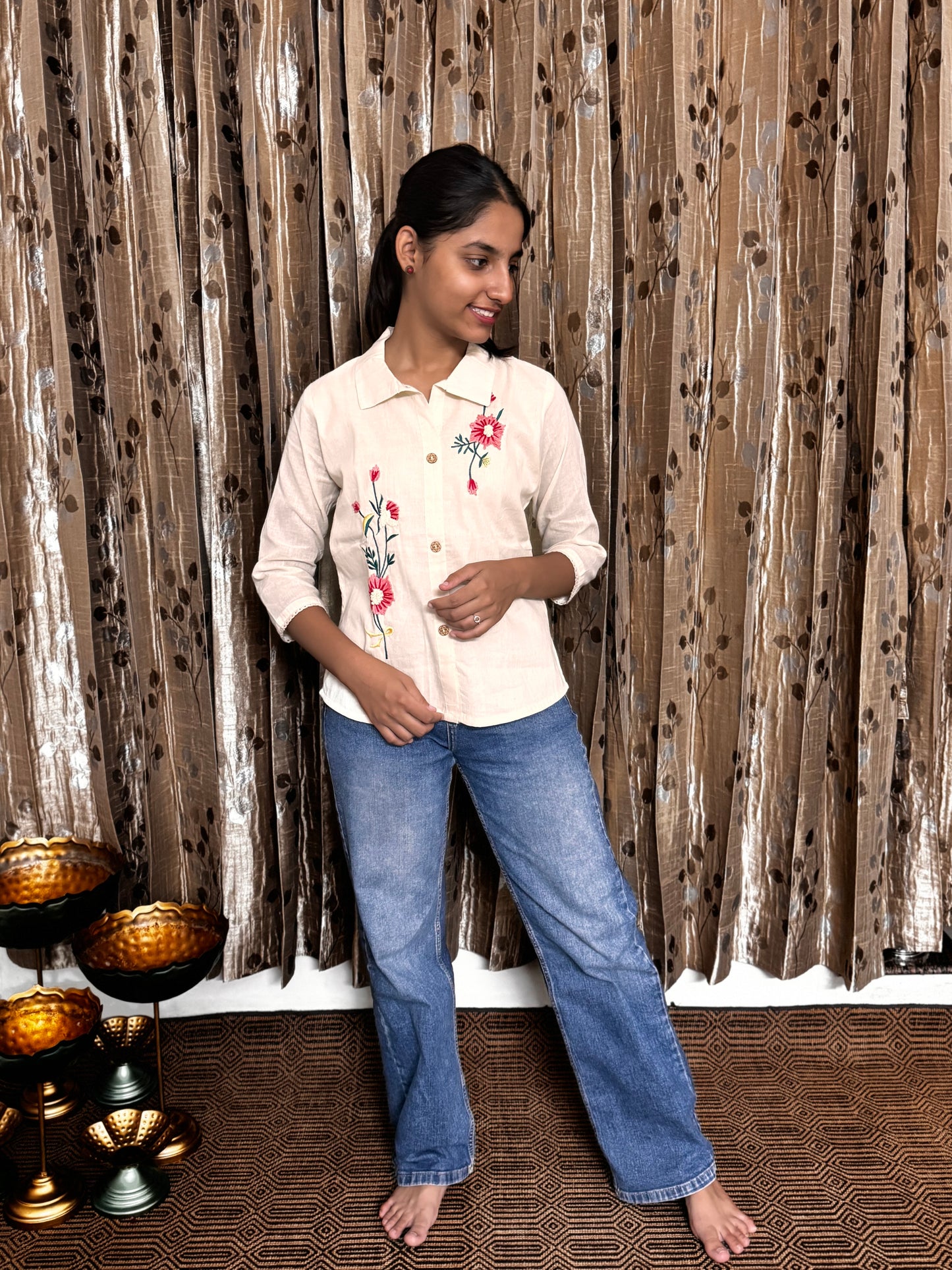 Khadi Cotton Collared Top with Embroidery Work