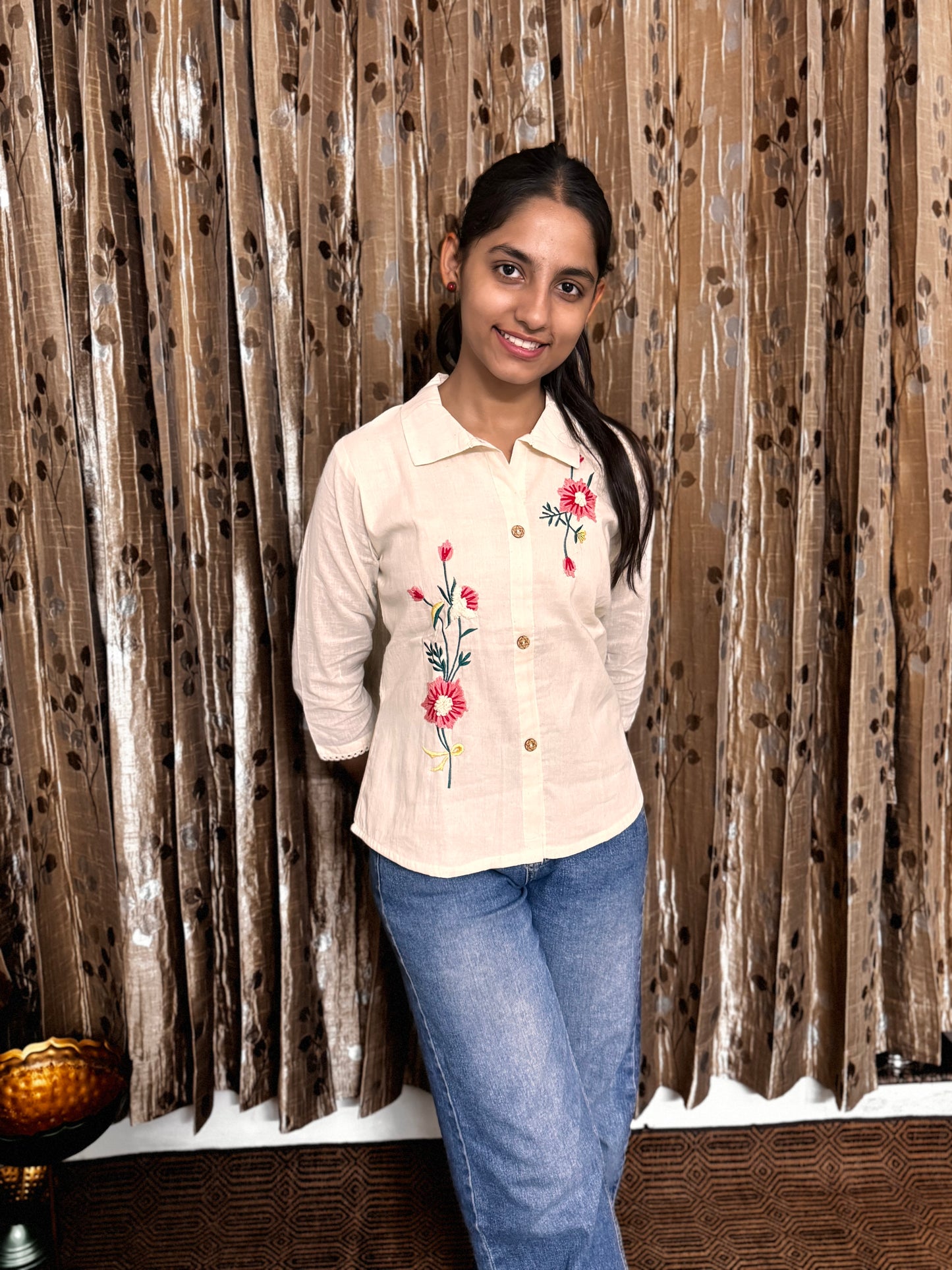 Khadi Cotton Collared Top with Embroidery Work