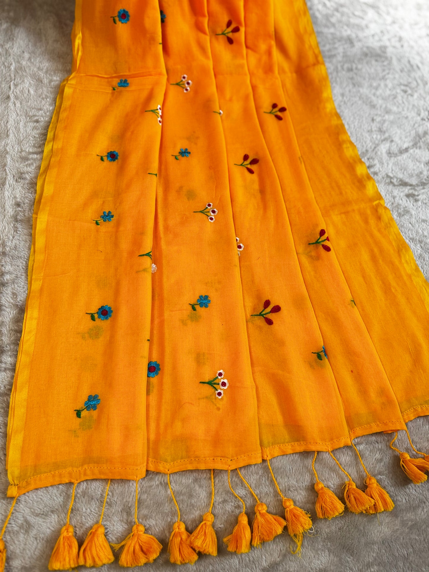 Yellow Flower Embroidery Mul Cotton Saree