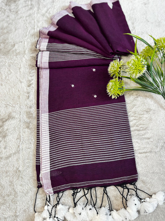 Wine Temple Border Handwoven Mul Cotton Saree