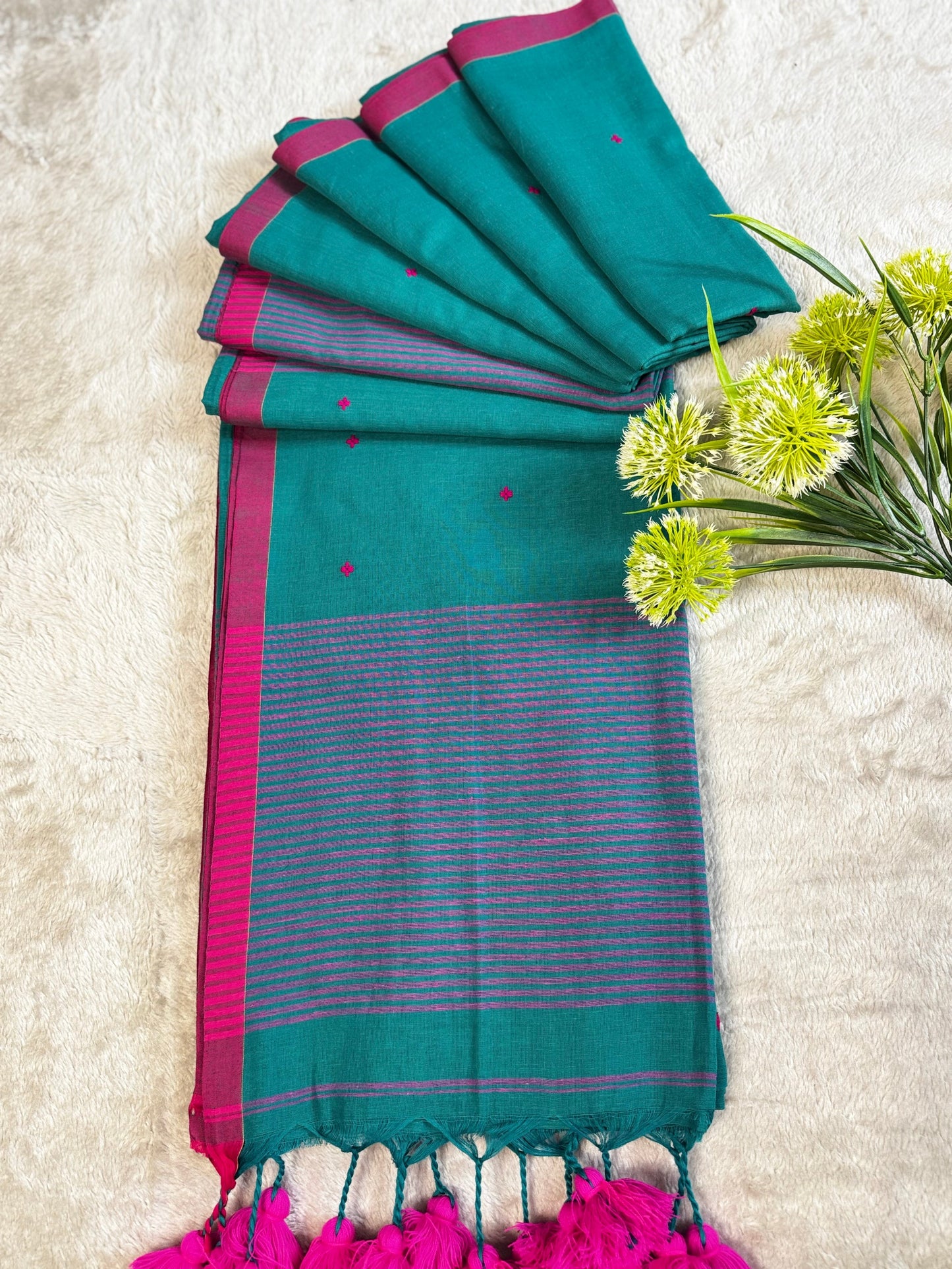 Green Temple Border Handwoven Mul Cotton Saree