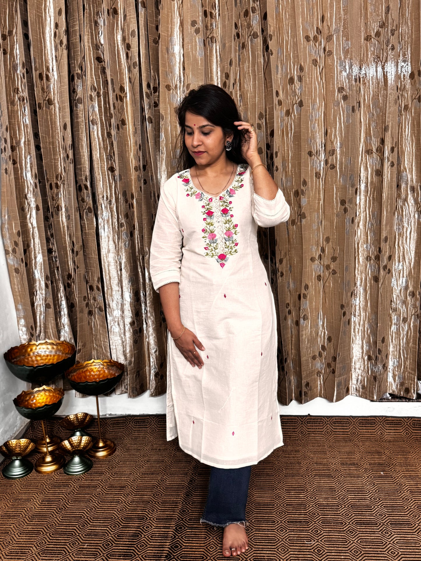 Off White Khadi Cotton Embroidery Kurta
