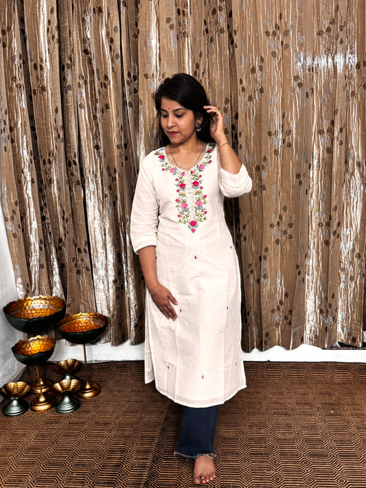 Off White Khadi Cotton Embroidery Kurta
