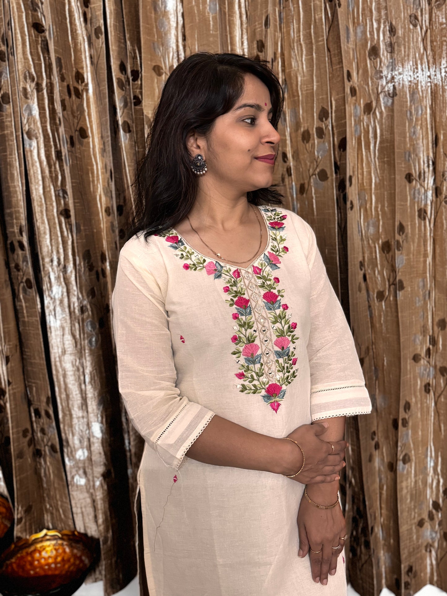 Off White Khadi Cotton Embroidery Kurta