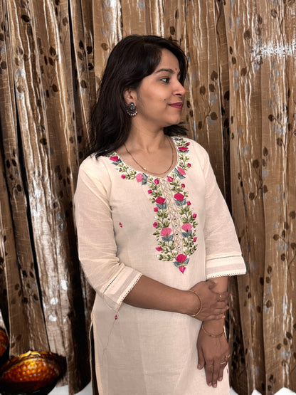 Off White Khadi Cotton Embroidery Kurta
