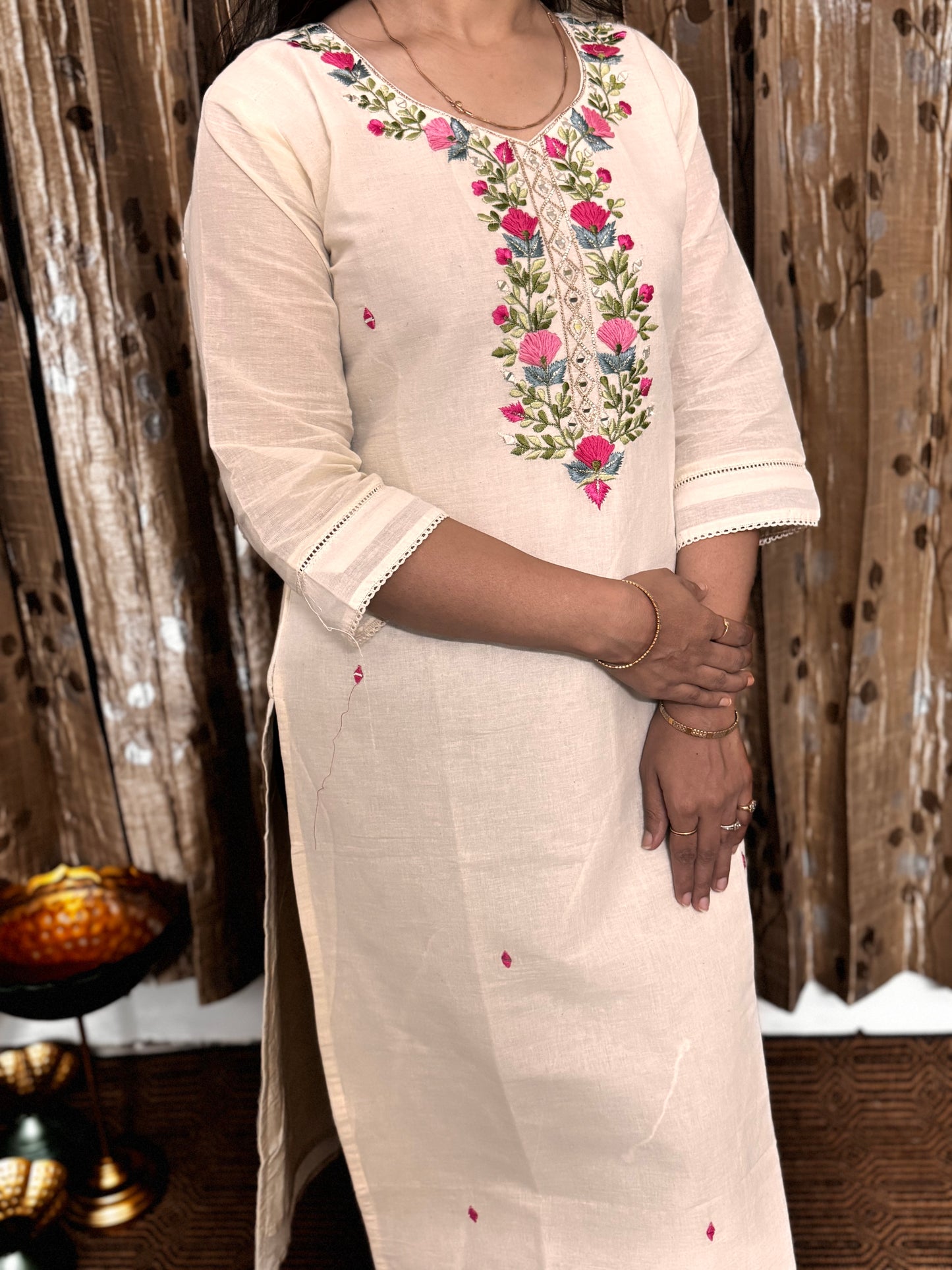 Off White Khadi Cotton Embroidery Kurta