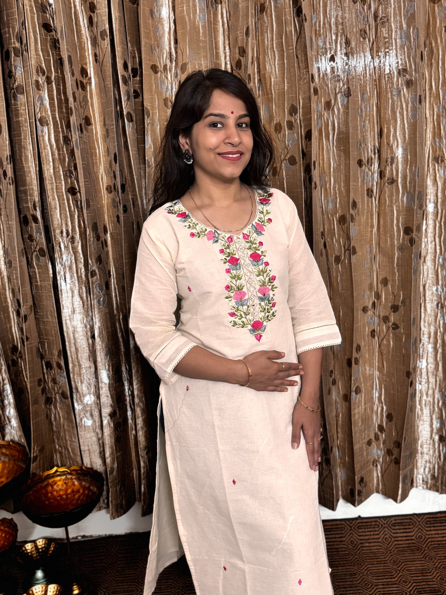 Off White Khadi Cotton Embroidery Kurta