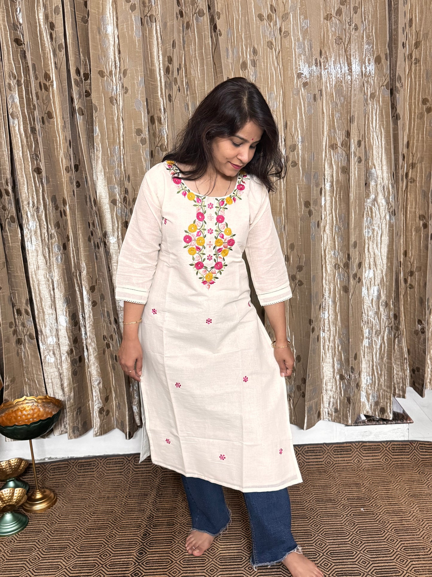 Off White Khadi Cotton Embroidery Kurta